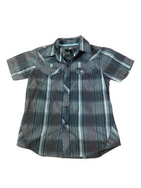 Micros Boys Plaid Button Down Shirt - Grey & Teal - Size 5/M